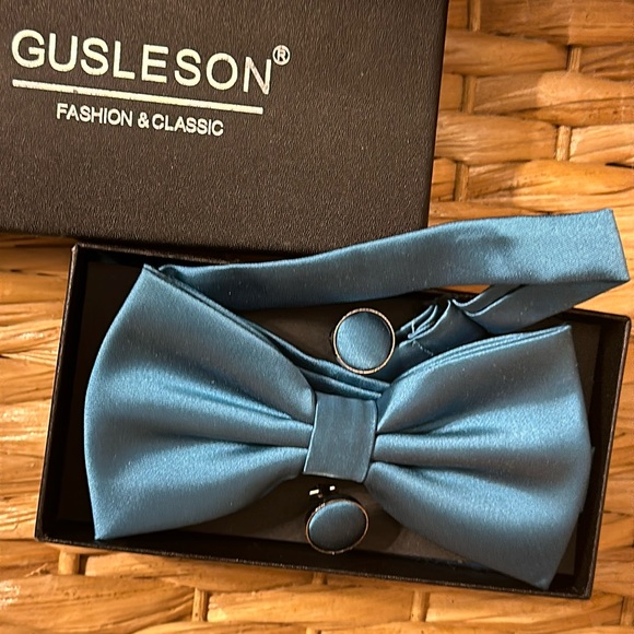 men’s adjustable bowtie and cufflink set wedding prom homecoming teal green blue - Picture 2 of 5